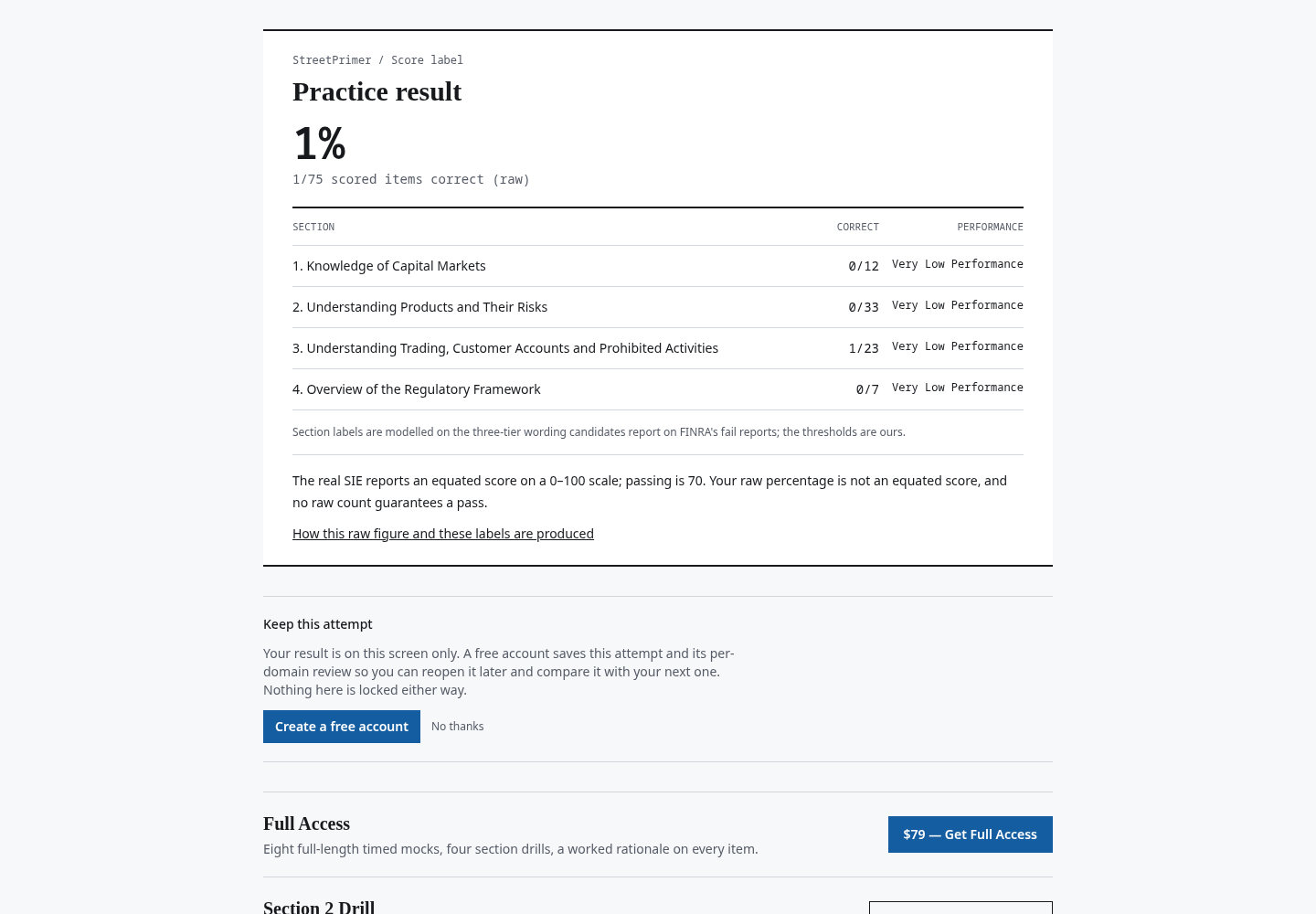 StreetPrimer raw results screen with section breakdown